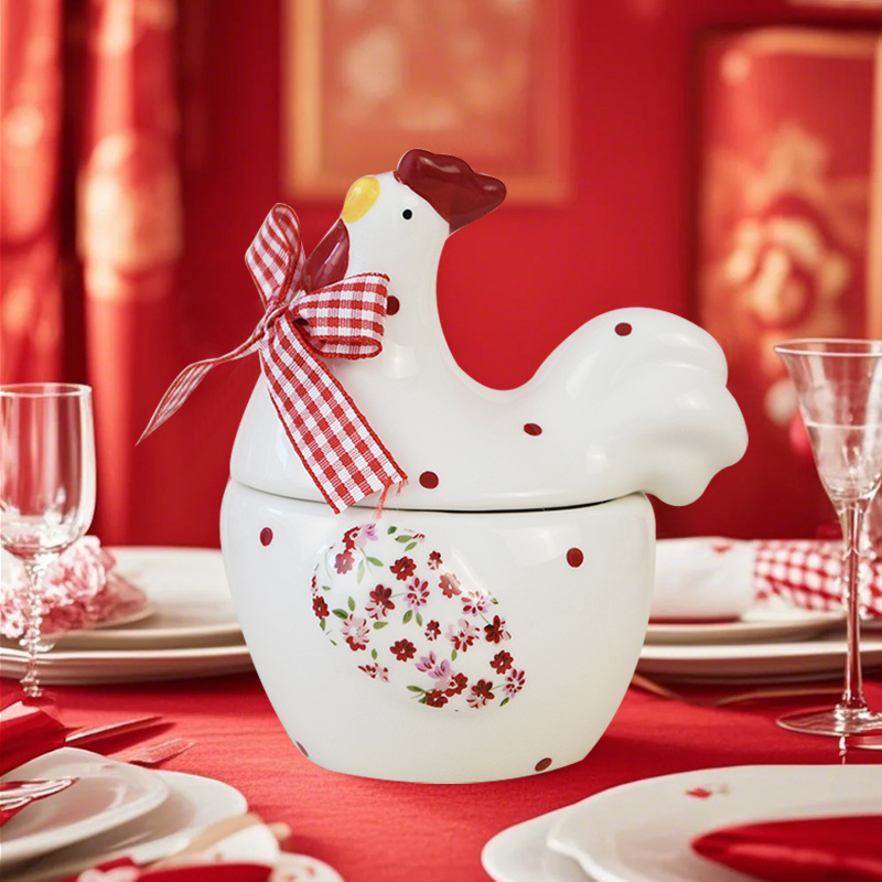 Inswind cubiertos flores rojas pollo frito frasco de cerámica frasco de azúcar frasco de sal frasco de pollo creativo frasco de Pascua transfronterizo