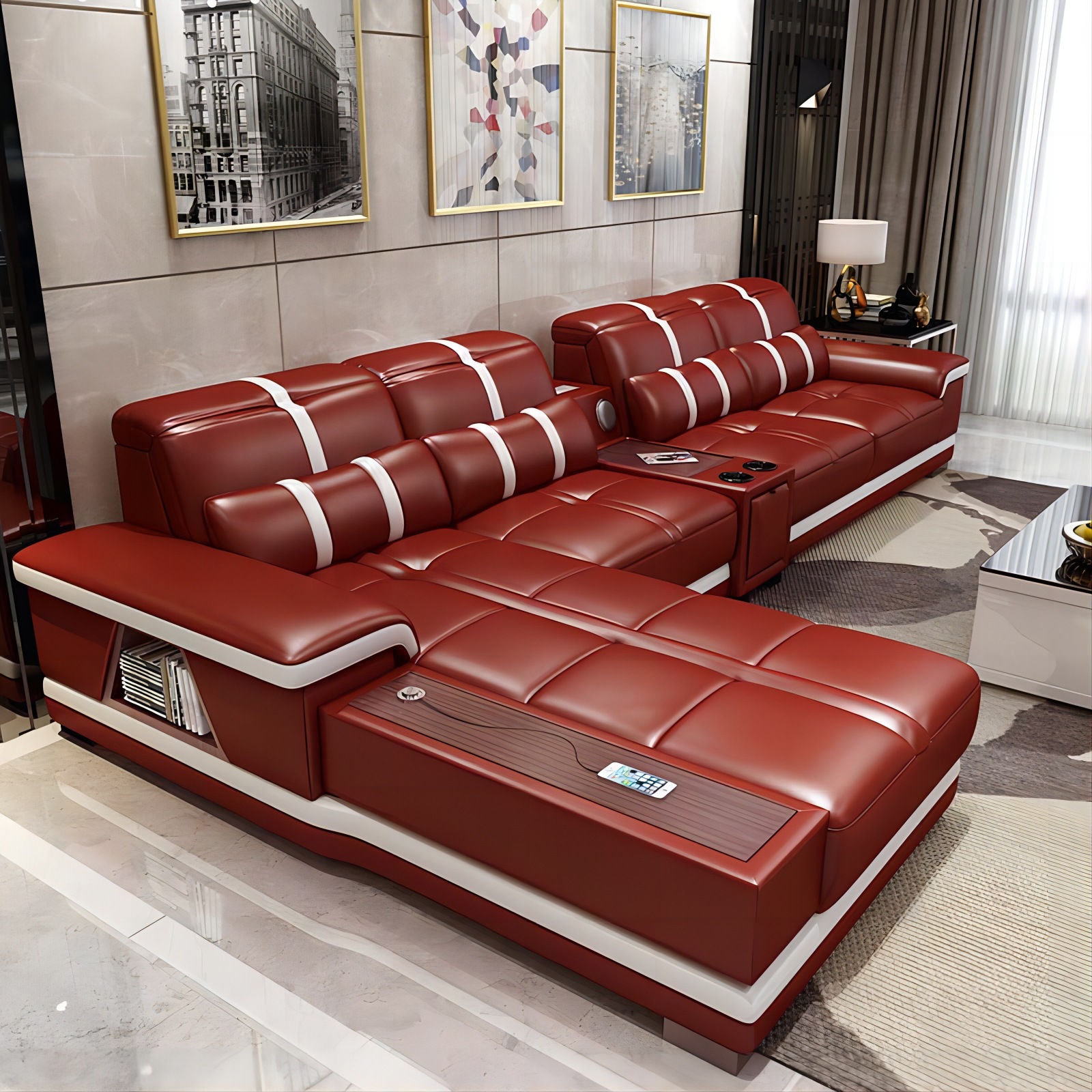 Sofá de cuero genuino amarillo piel de vaca esquina sofá chaise estilo moderno sala de estar apartamento grande y pequeño fila recta madera maciza luz sofá de lujo