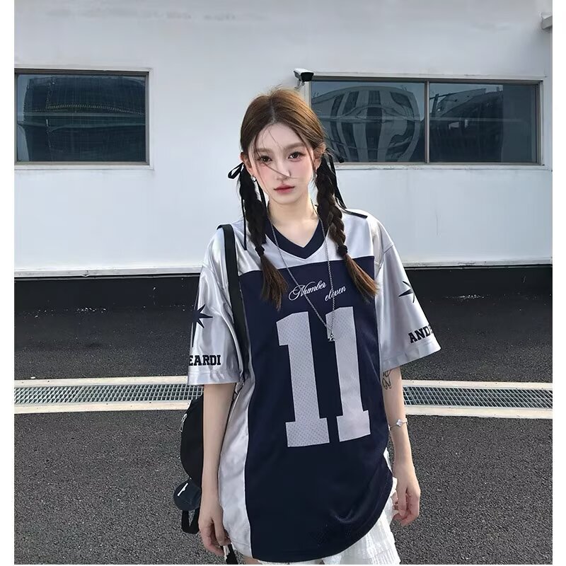 American Retro Satin V-Neck No. 11 Jersey Short-Sleeve T-Shirt for Women, Loose Trendy Patchwork Color-Block Letter Sweet Cool Top