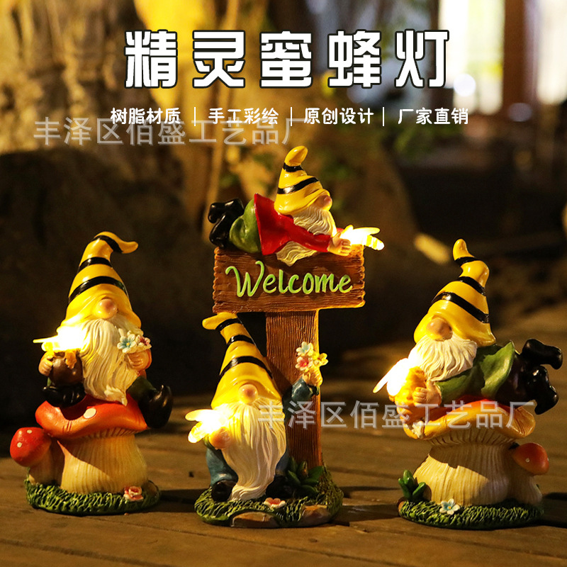 Decoración de patio transfronterizo lámpara solar Elf bienvenido tarjeta enana hongos resina artesanía goblin ornamentos