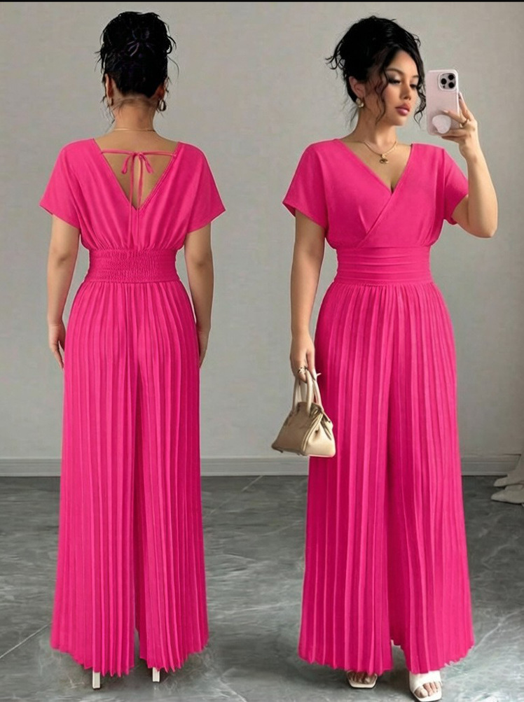 2026 nuevo estilo de viaje europeo y americano elegante color sólido cuello en V manga corta cintura doblada plantares pantalonés de pierna ropa de mujer