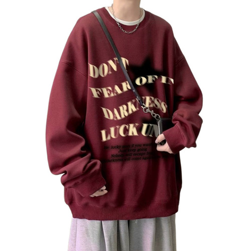 American Street Stars Letter Print Sweatshirt Men's Autumn Retro Streetwear Loose Top Crew Neck Couple's Jacket