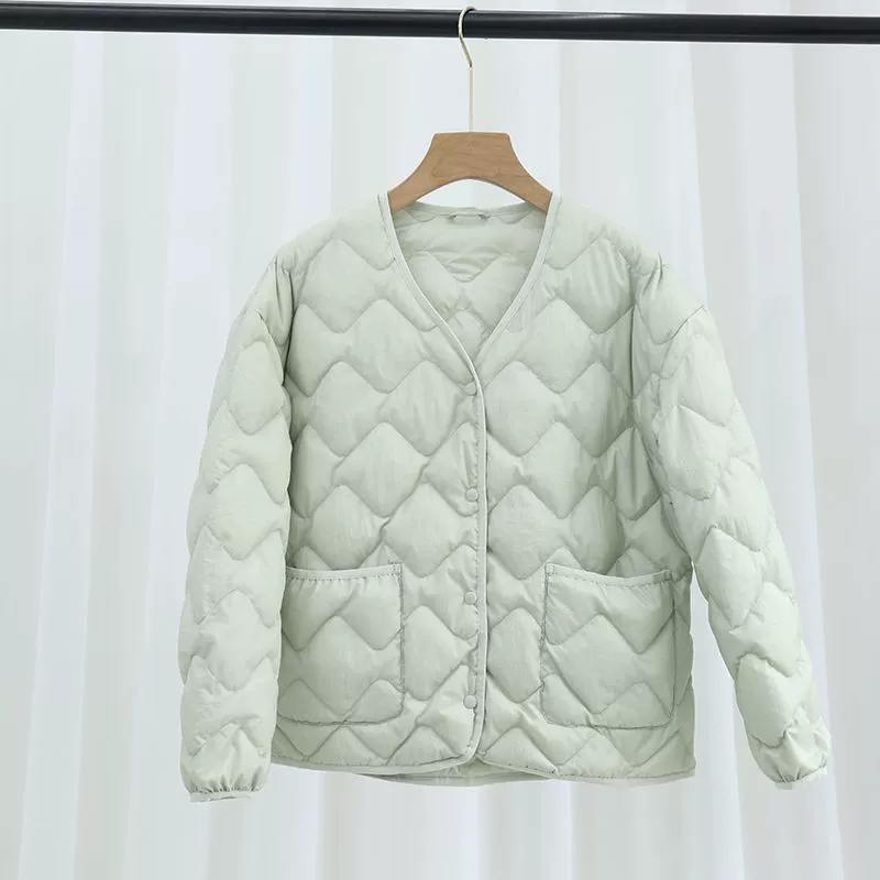 Женская легкая пуховая куртка с V-образным вырезом, новинка осени-зимы 2024 года, тонкая теплая подкладка, пуховик из утиного пуха