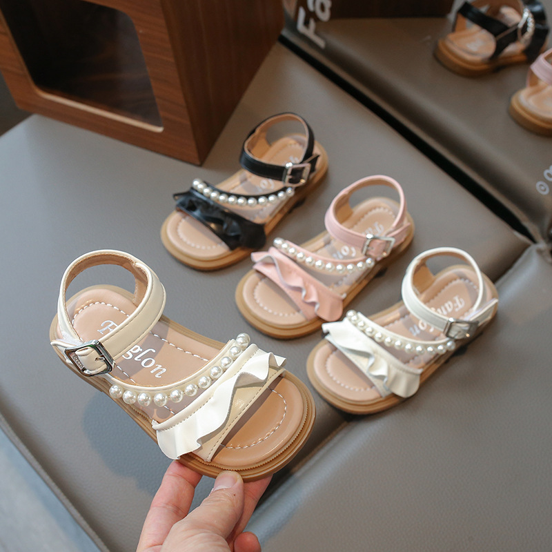Sandalias para niñas, novedad de verano 2021, sandalias de princesa para niñas, tendencia de moda con perlas, lo más fácil para combinar, zapatos de cuero antideslizantes de suela suave