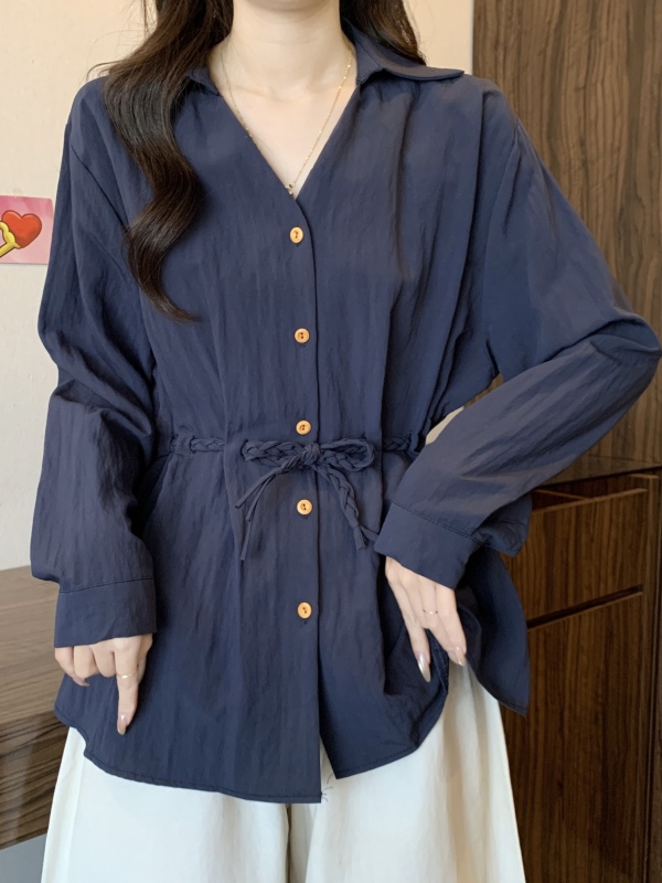 蓝色长袖v领打底衬衫女秋新款大码胖mm显瘦设计感系带收腰上衣|undefined