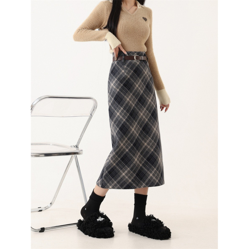 加厚毛呢格子半身裙女大码春秋配毛衣高腰显瘦开叉直筒包臀长裙子