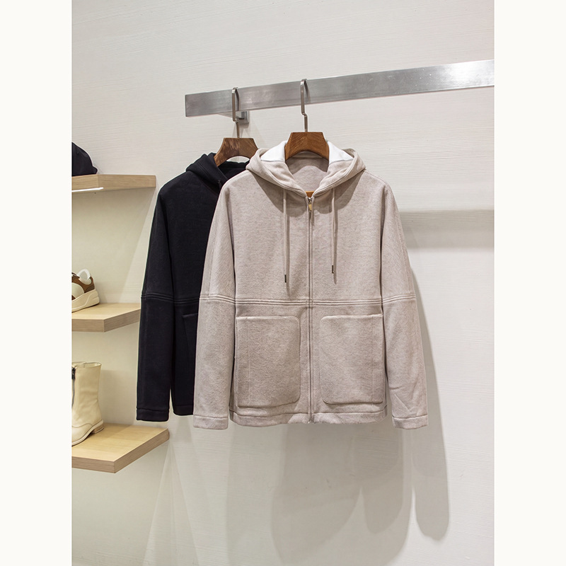 【HER Version】High-end and age-reducing! Men's casual hooded sweatshirt jacket made of mulberry silk and wool blend in an old money style 【HER Version】High-end and age-reducing! Men's casual hooded sweatshirt jacket made of mulberry silk and wool blend in an old money style