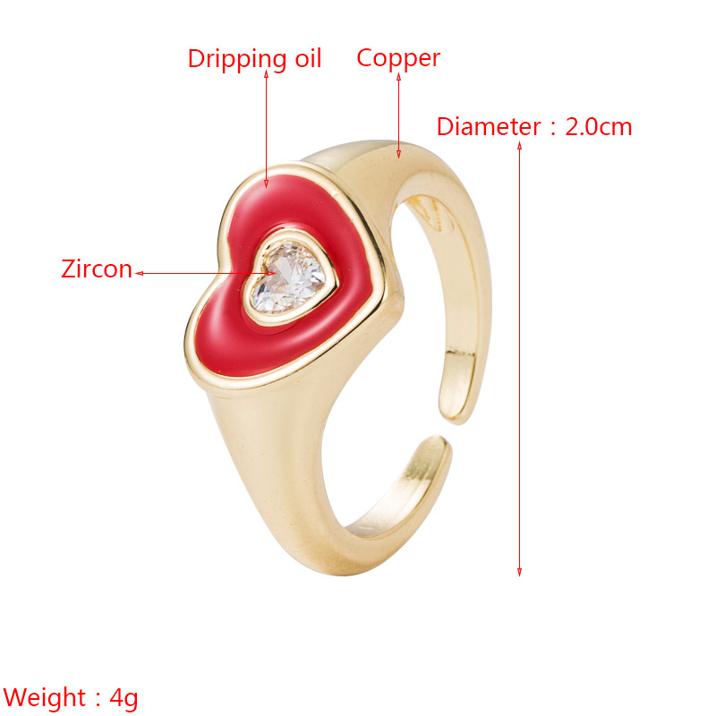 Fashion Copper Gold-plated Micro-inlaid Zircon Drop Oil Heart-shaped Ring Simple Open Ring Accessories display picture 1