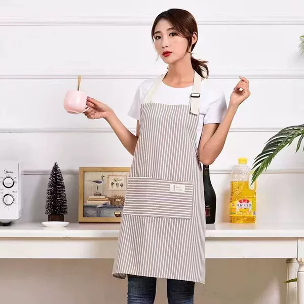Cotton and linen striped adjustable apron [grey]