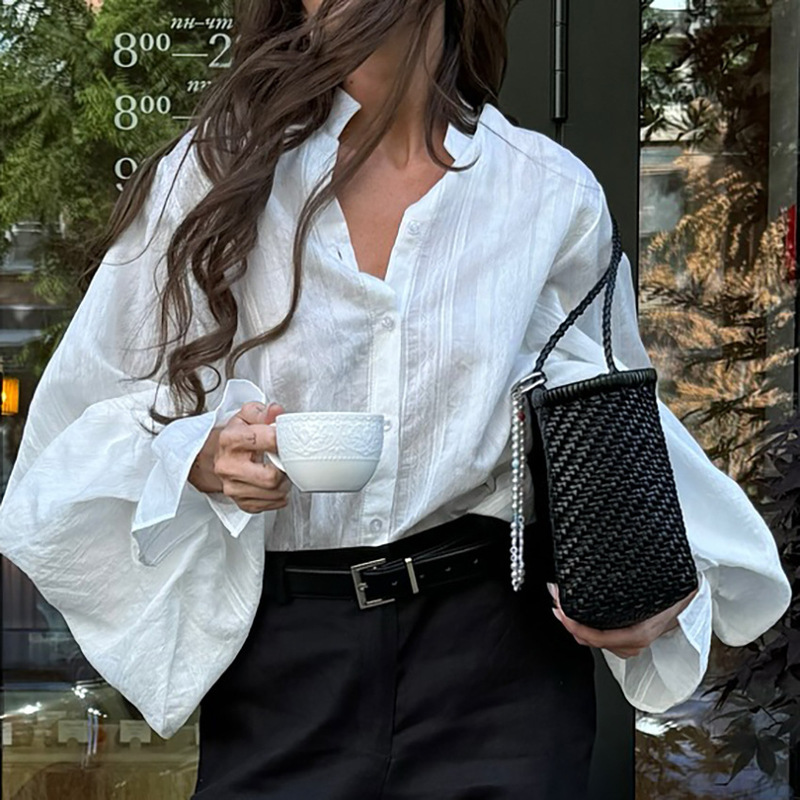 Spring and Summer New European and American Style Stand-Collar Loose Shirt with Long Sleeves, Stylish and Casual Design for 2026 Cross-Border Commuting