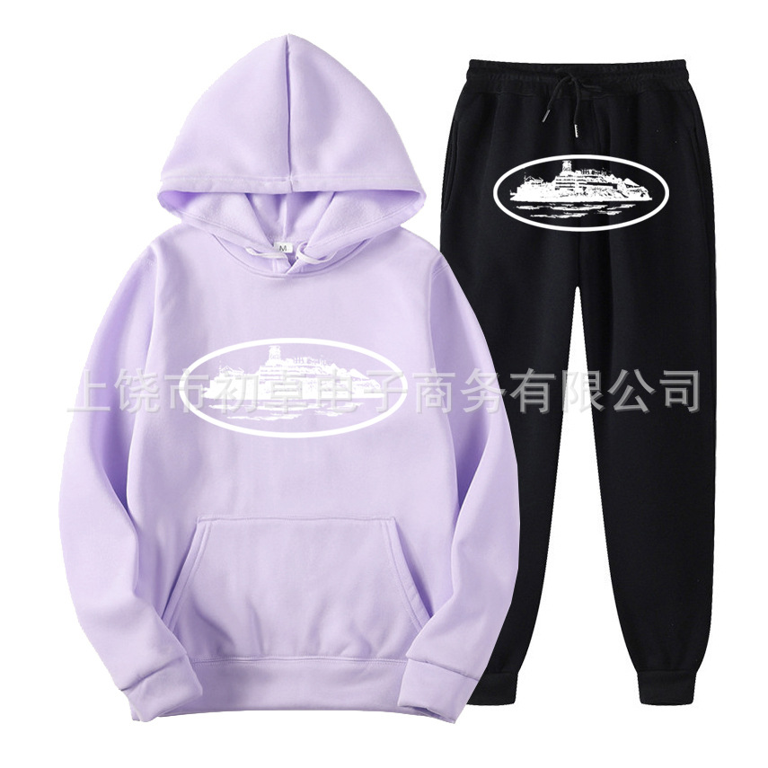 Europeo y americano clint419 diablo prisión patrón hombres y mujeres mismo suéter traje impreso con capucha conjunto de dos piezas al por mayor