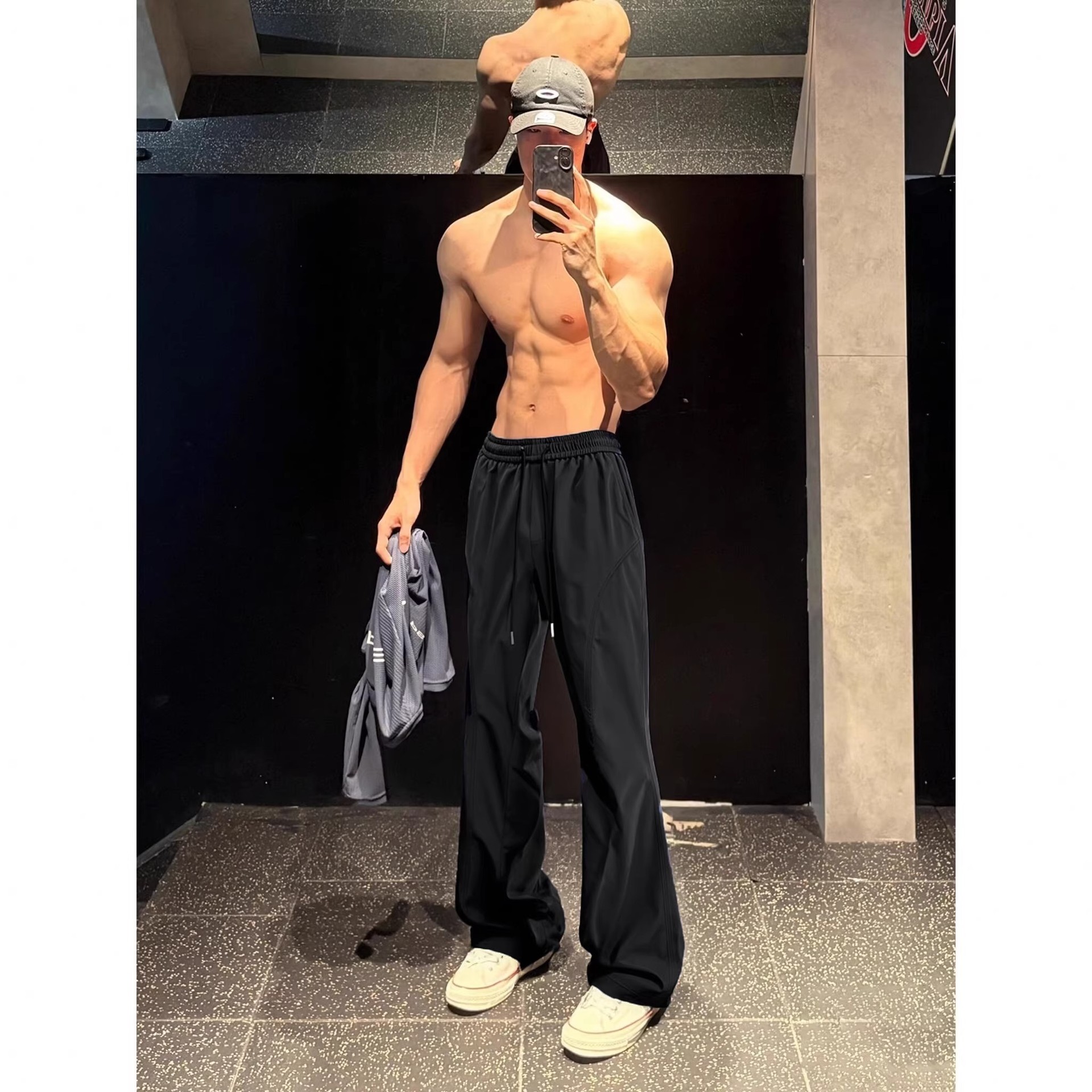 Black quick-dry men's fitness pants, spring/summer thin ice silk sports casual pants, cleanfit straight-leg flared pants