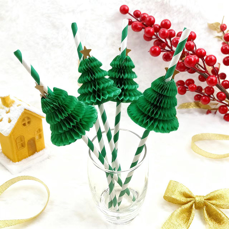 Pajitas de papel con diseño de árbol de Navidad en 3D, para postres, cócteles, decoración de fiestas, pajitas creativas para bebidas navideñas
