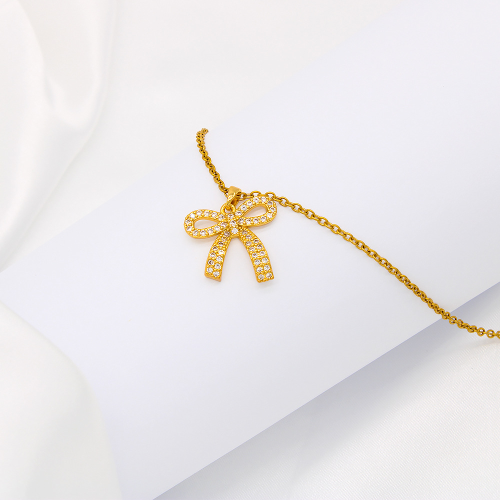 Simple Style Bow Knot Stainless Steel Inlay Zircon Pendant Necklace 1 Piece