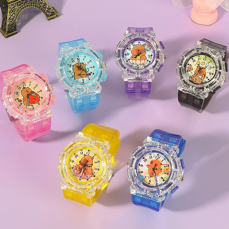 Детские часы с героями мультфильмов, милые кварцевые часы капибара, прозрачный ремень, светящиеся часы для мальчиков и девочек, электронные часы в подарок