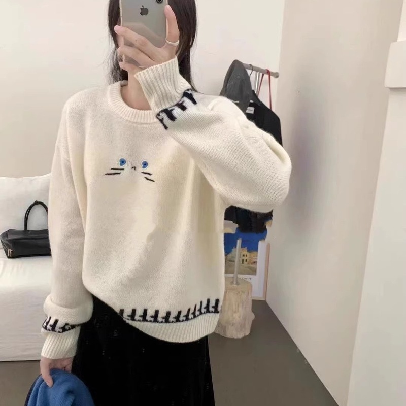 秋冬新款韩版宽松显瘦慵懒风圆领套头毛衣女百搭针织衫上衣打底衫|undefined