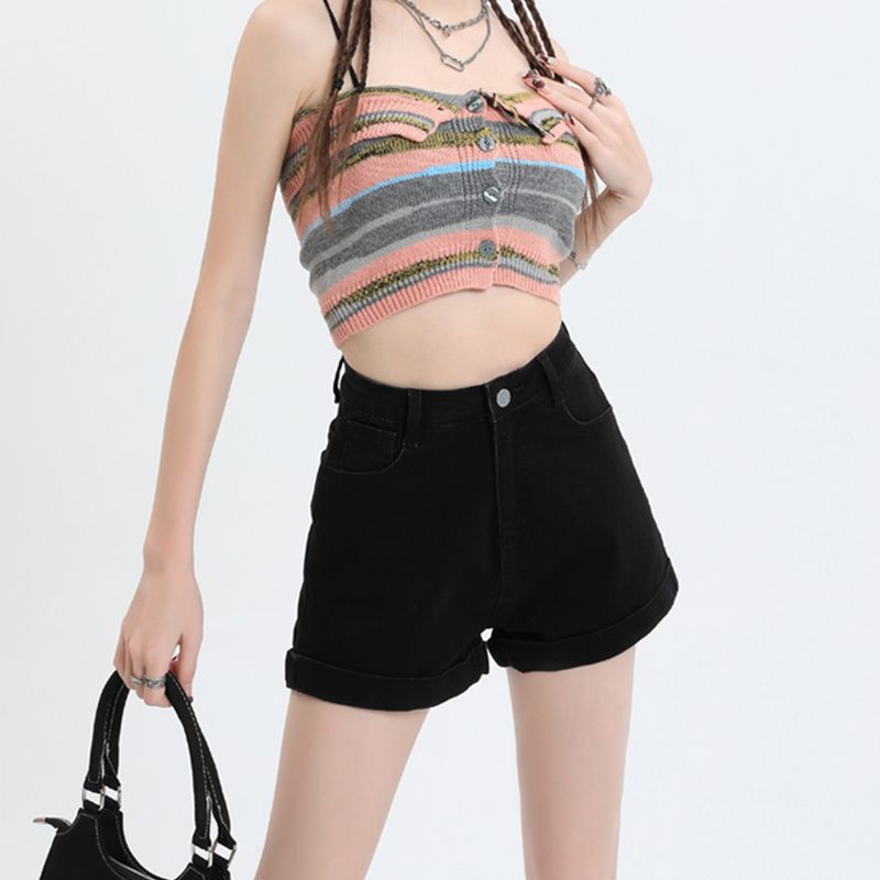 블랙 하이 허리 데님 반바지 여성 여름 2024 새로운 얇은 아우터 착용 A-워드 아메리칸 스타일 스트레치 핫 팬츠