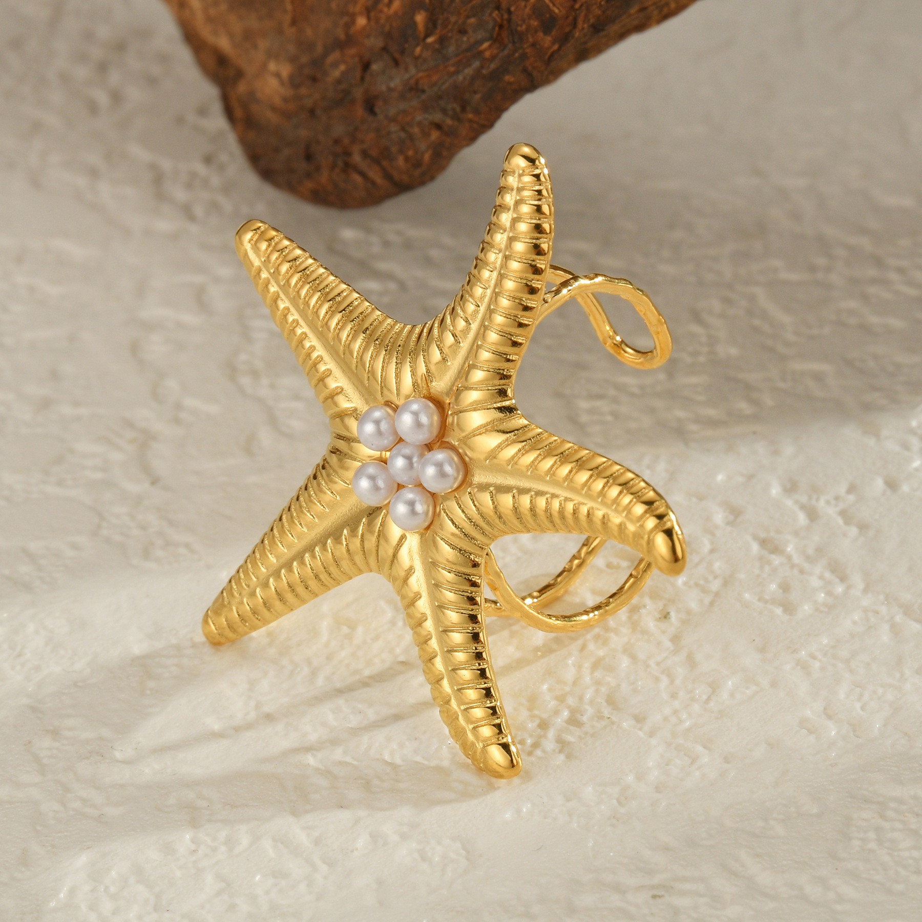 INS Fashion New Stainless Steel Starfish Pearl Opening Ring Women's Exaggerated Design Plated 18K Gold Ring