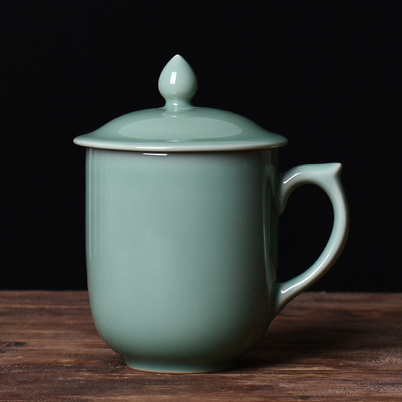 青雅瓷韵 龙泉青瓷高档将军杯老板水杯大容量带盖办公陶瓷会议杯