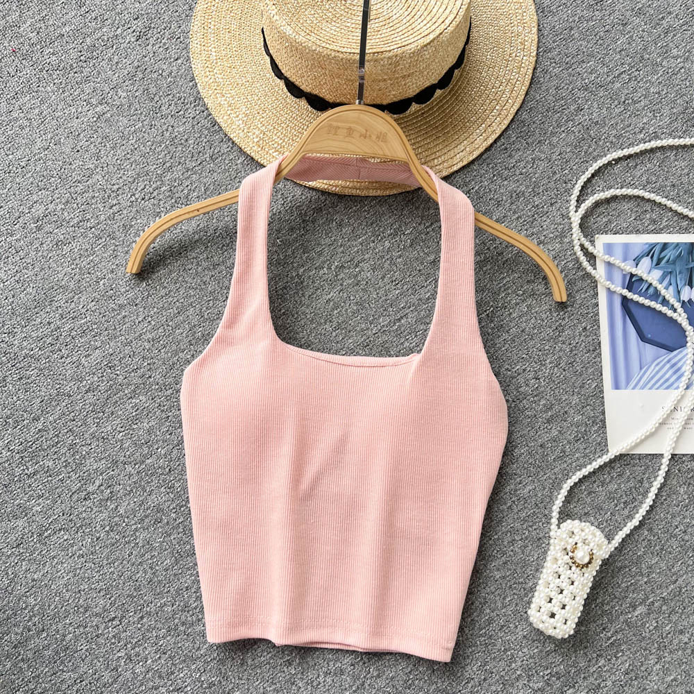 84g Weight Cotton, Rib Fabrics Fabric Type Short Top Length Vest Tops Type Holiday, Banquet, Daily Occasion Halter Neck Neckline Slim Fit Type Solid Color Pattern Summer Season Women's Gender Elegant, Streetwear Style Wholesale Women's Elegant Streetwear Solid Color Tank Tops 14