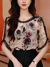 时尚气质设计百搭蕾丝2025夏季宽松短袖显瘦洋气小衫花边上衣批发