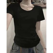 韩版别致显瘦甜辣纯色T恤短袖圆领修身显瘦休闲内搭ins上衣亚马逊