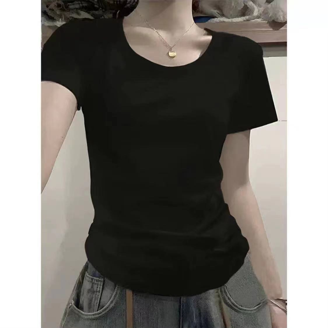 韩版别致显瘦甜辣纯色T恤短袖圆领修身显瘦休闲内搭ins上衣亚马逊
