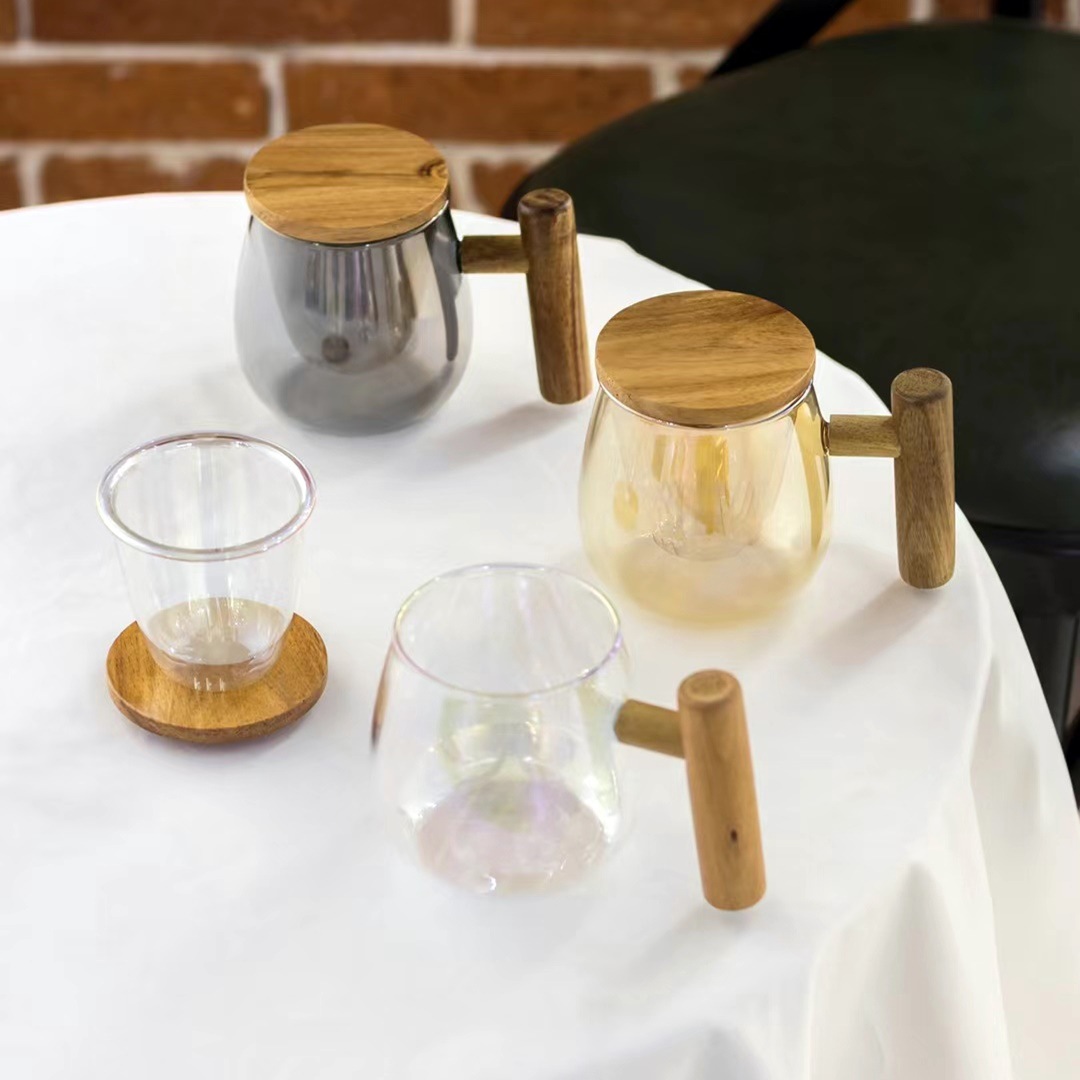 Creativa simple colador taza de té de vidrio mango de madera personalidad de alta apariencia de Internet celebridad taza de agua regalo taza de té perfumada con tapa