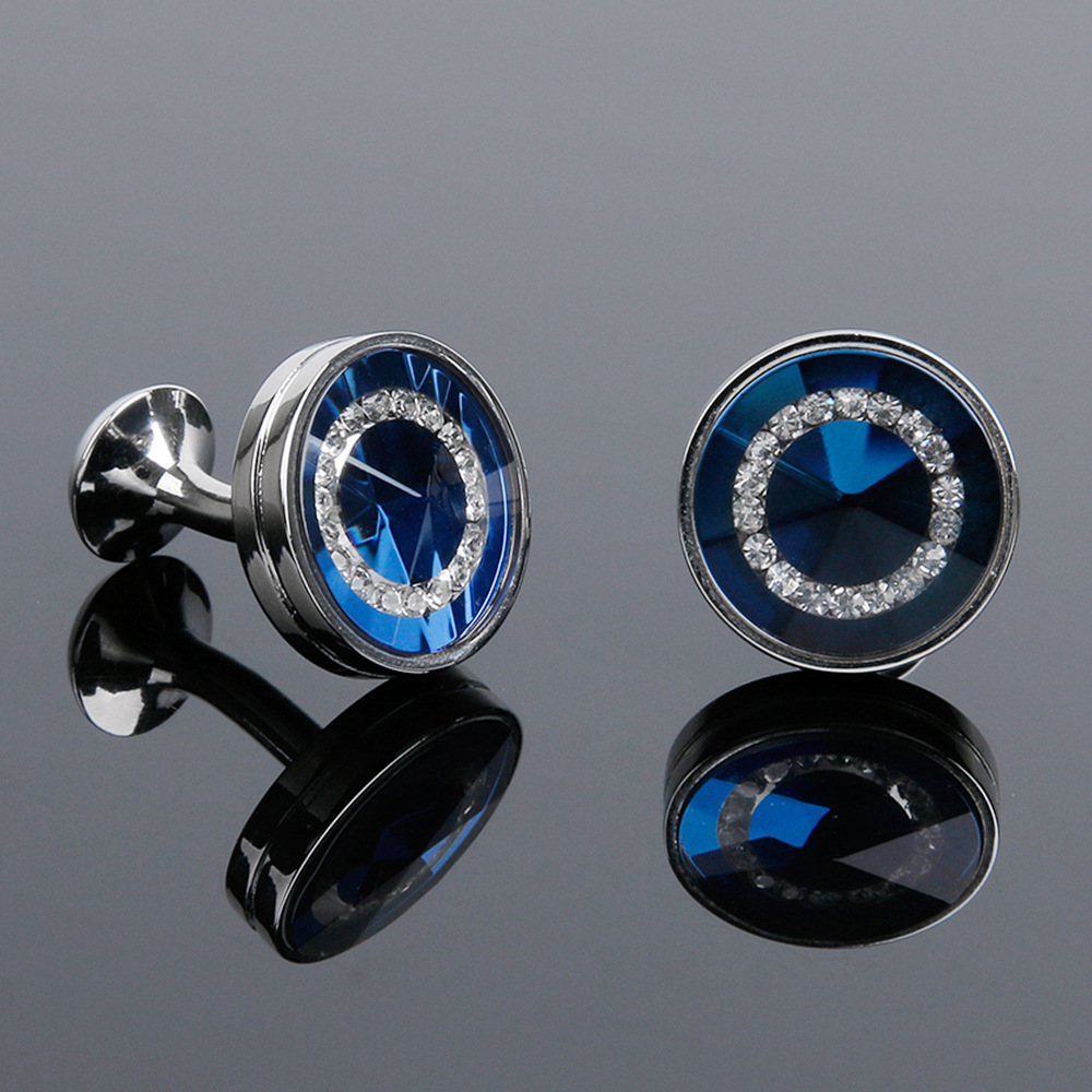 In-Stock Light Luxury Accessories Cross-Border Hot-Selling Vintage Blue Background Diamond-Studded Round Silver Men's Shirt Cufflinks 1 Pair