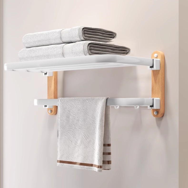 Solid Wood Double Folding Bath Towel Rack Bathroom Storage Rack Towel Rack Bathroom Toilet Storage Rack