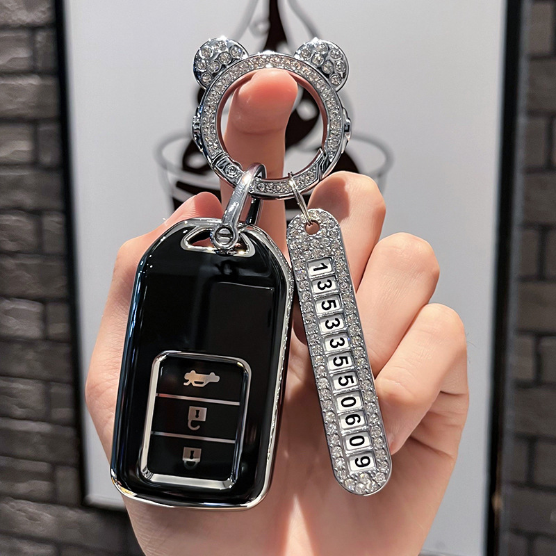 BT 키 유형 C - 스마트 3버튼 [싱글 쉘 블랙] + 실버 우주 비행사 다이아몬드 버클 + 실버 번호판