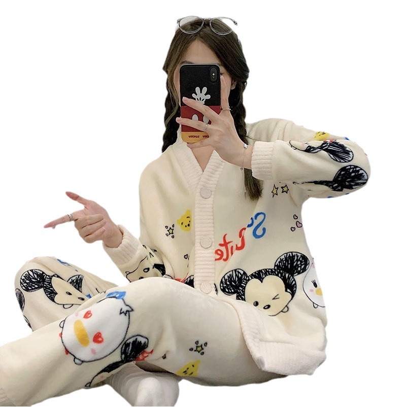 Varios pijamas de invierno de las mujeres con cuello en V cardigan de dibujos animados lindo forro polar engrosada franela traje homewear mujeres