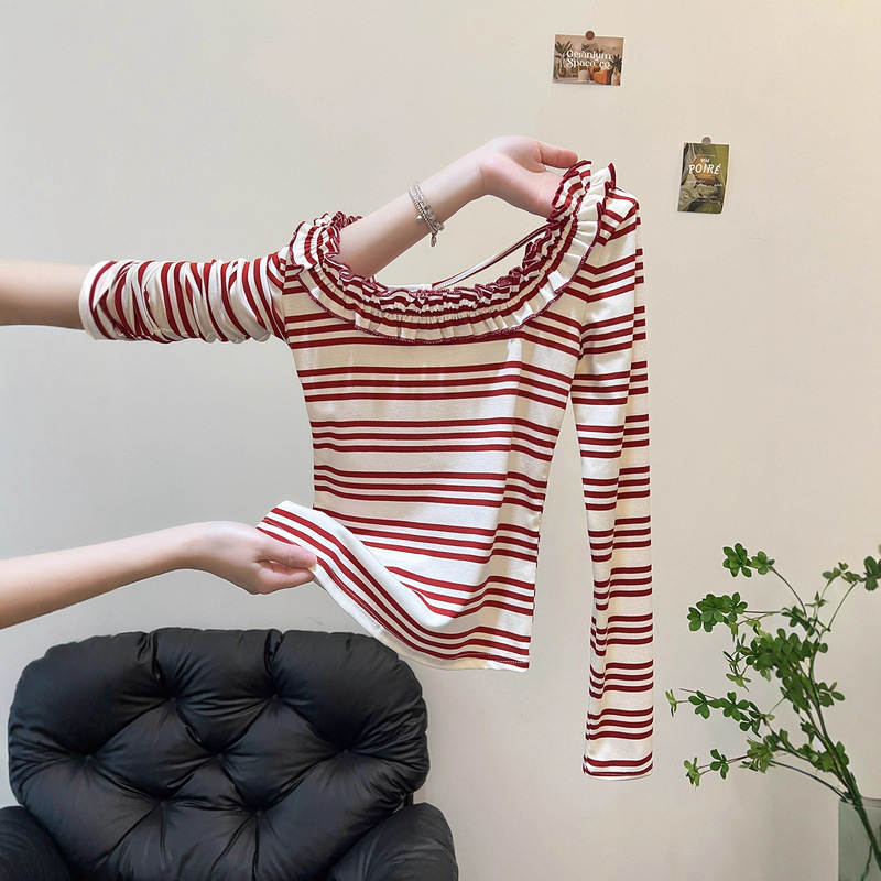 Bold Italic Design Niche Lace U-Neck Striped T-Shirt Long-Sleeve Knit Top Slim-Fit Base Shirt Bold Italic Design Niche Lace U-Neck Striped T-Shirt Long-Sleeve Knit Top Slim-Fit Base Shirt