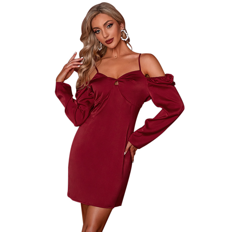 獨立站wish歐美跨境一件代發(fā)性感連衣裙一字肩裹胸露背派對禮服裙