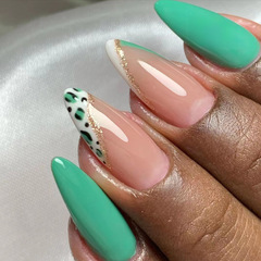 穿戴甲金色閃粉法式白邊綠色拼接美甲新款成品杏仁甲甲片工廠批發