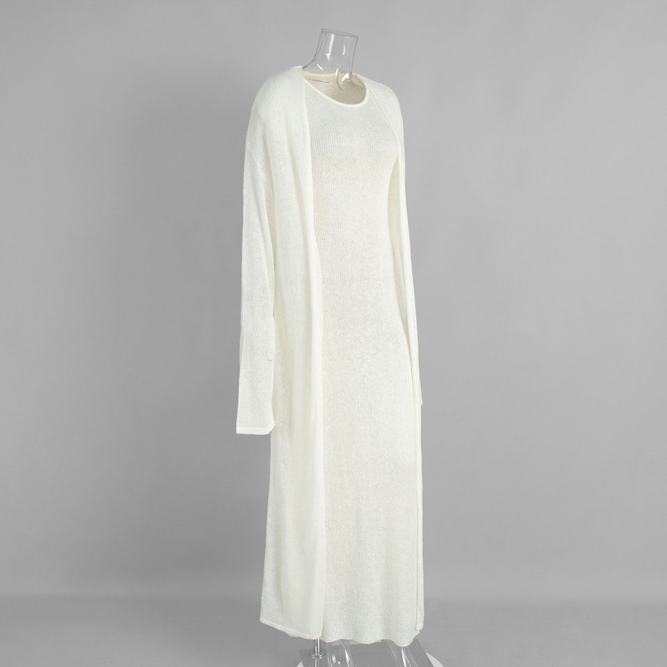 Bộ đầm dệt kim hai mảnh nữ gồm áo cardigan dài tay và đầm liền thân dáng dài — trắng, tím chi tiết 4