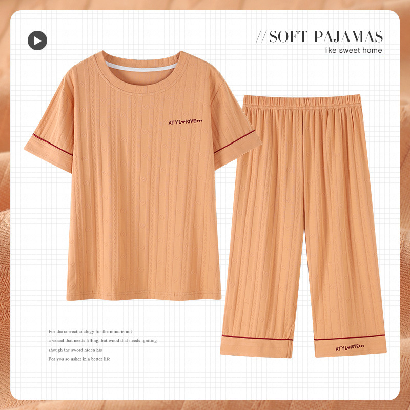 Daifa mom pajamas thin summer cotton short-sleeved cropped pants middle-aged women's cotton plus size home wear suit
