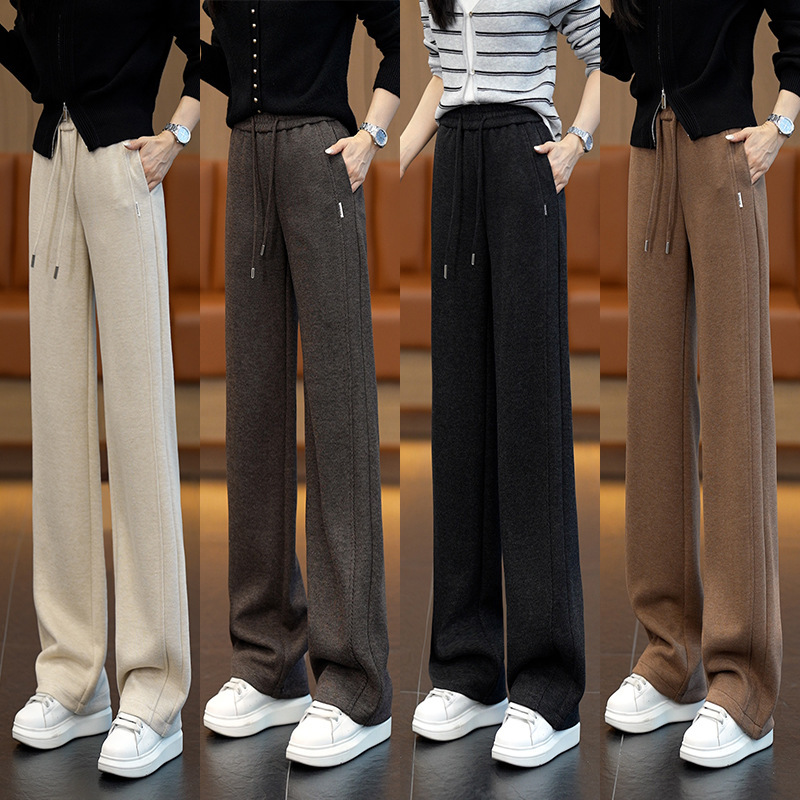 Authentic Women's Wool Thick Wide-Leg Pants High-Waisted Loose Drape Straight-Leg Casual Wool Warm Pants