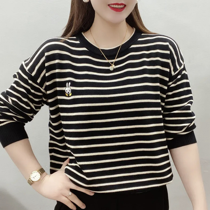 봄과 가을 새로운 스웨터 느슨한 슬리밍 올 매치 패션 인쇄 줄무늬 자수 크루 넥 여성의 따뜻한 탑베이스 셔츠