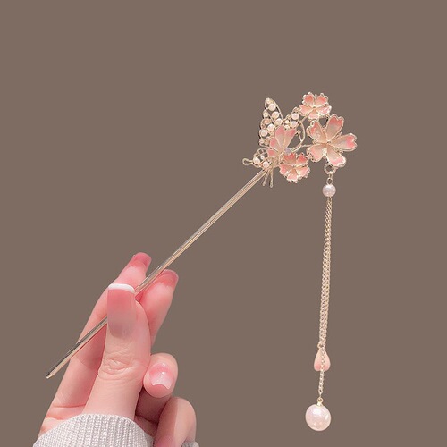 Ancient style pearl enamel flower tassel hairpin high-end hairpin hair net red hairpin Hanfu step-shaking hair accessories for women