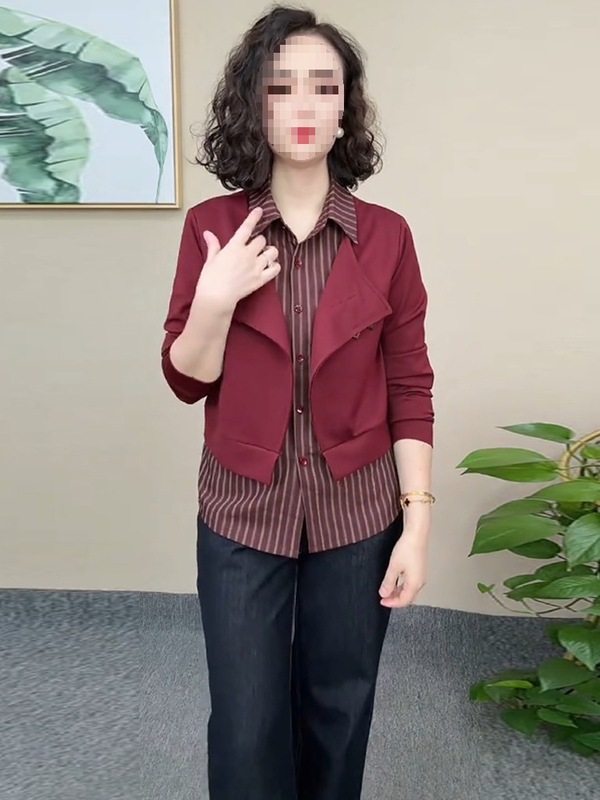 假两件长袖衬衫女2025秋季新款洋气显瘦宽松拼接百搭翻领衬衣上衣|undefined