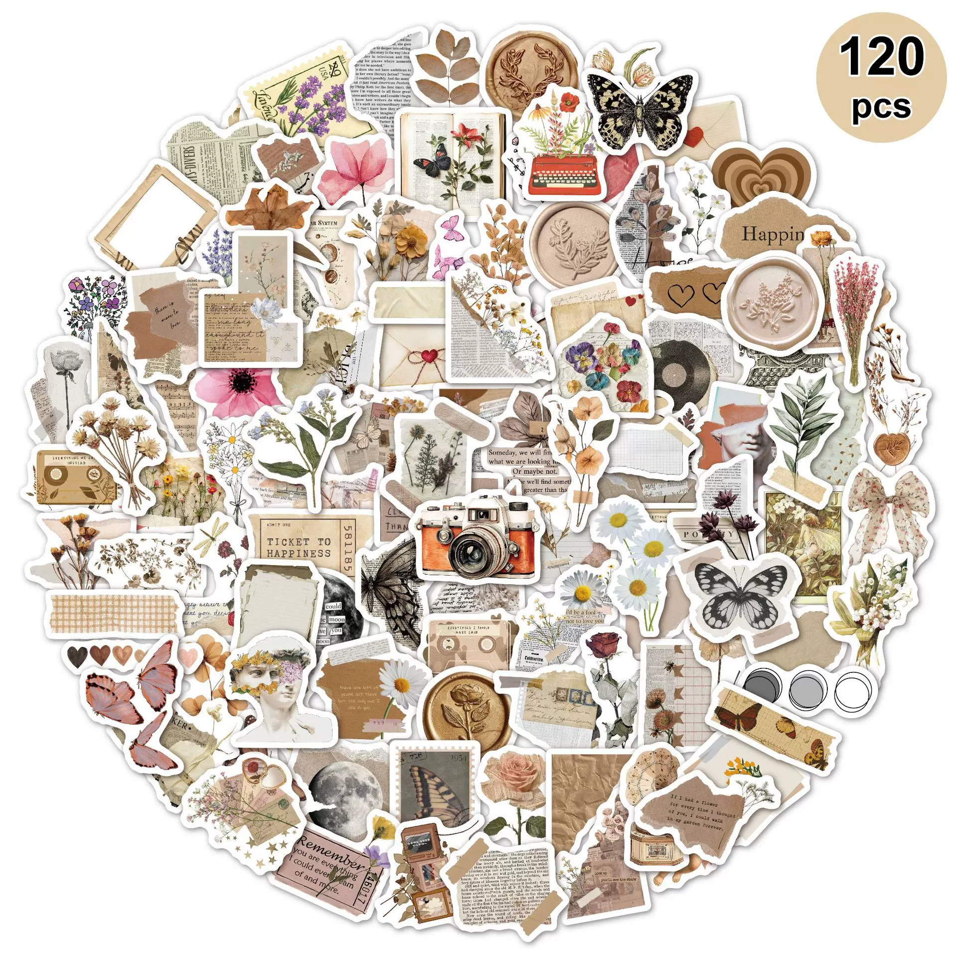 跨境复古贴纸120张欧美文艺防水装饰笔记本电脑滑板行李箱贴纸