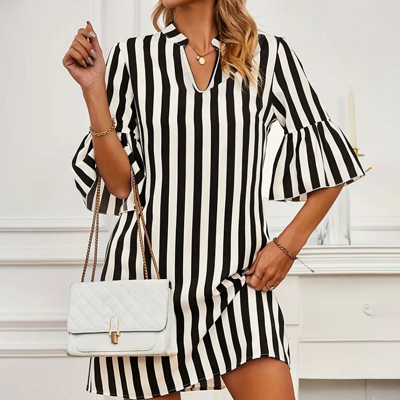 Striped A line Dress Half Sleeve Flared Sleeves Loose Short Dress Spring Summer Women