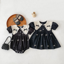 跨境童装婴儿连体衣夏季新款短袖三角哈衣女宝宝连衣裙黑色爬爬服