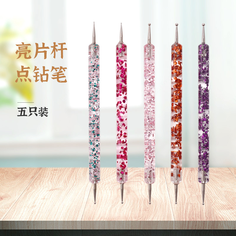 Herramientas de uñas 5 Unids lentejuelas Varilla punto taladro pluma de doble cabeza de diamantes de imitación de pintura de color punto de la pluma de Cristal Varilla de uñas de arte traje de la pluma