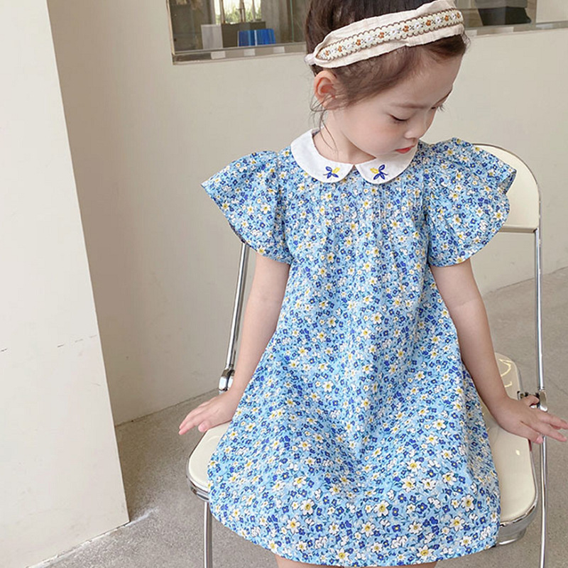 Girls' skirt Embroidered Baby collar fly sleeve dress princess skirt 2022 summer new foreign trade children's wear