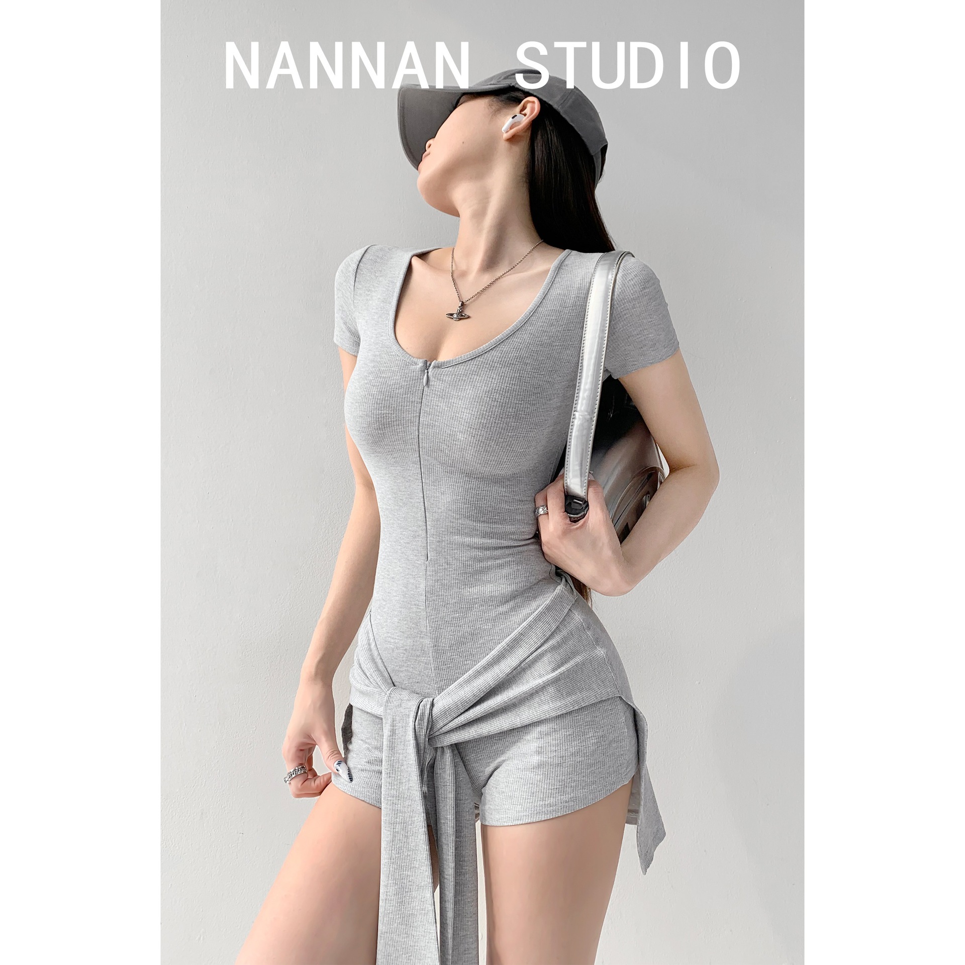 【Two-Piece Set】Short-Sleeved Jumpsuit for Women, European and American Style, Cross-Border Wear, Tie-Up Fitness Jumpsuit, Yoga Sports Shorts