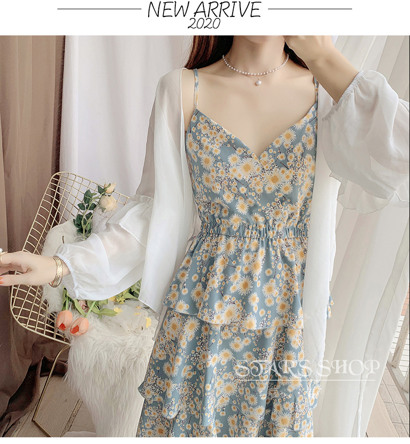 fashion sunscreen long-sleeved chiffon shirt suspender floral dress two-piece set NSFYF56248