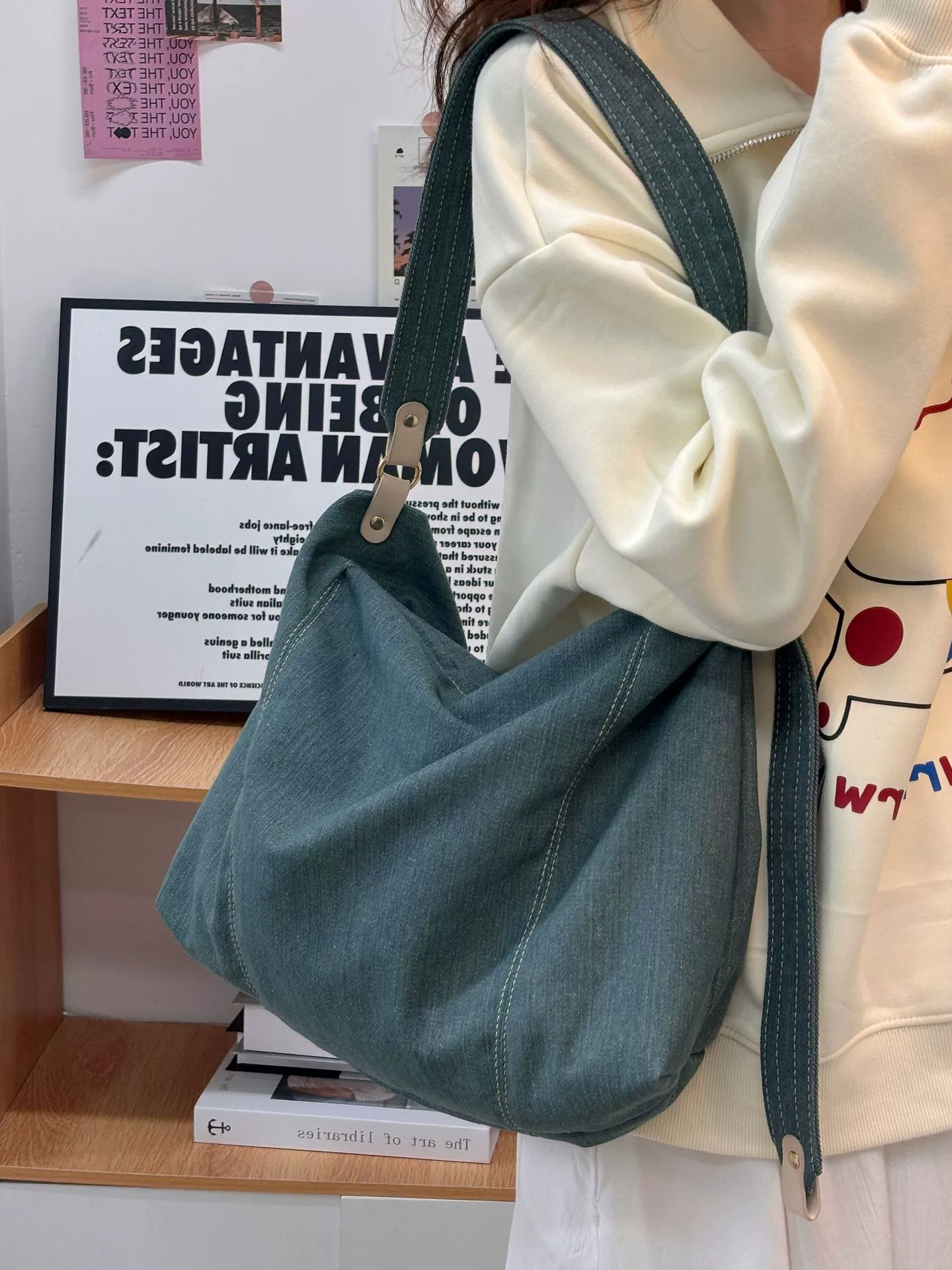 Многозанковая емкая джинсовая сумка-шопер, сумка подмышку, сумка через плечо