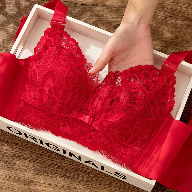 Red Zodiac Year Wedding Underwear Women's Wedding Bride Big Breast Revealing Bra Latex Thin Push up New Year Bra